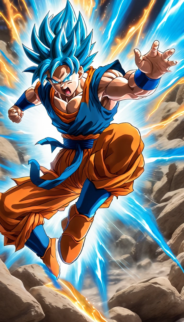 Manga cover, charismatic,  (random different forms of son goku super saiyan god mode ((unleashing random form blue rayed kamehameha:1.2)) , ready fighting pose:1.2 ) , random fight scene in the background, (multiple views:1.2)