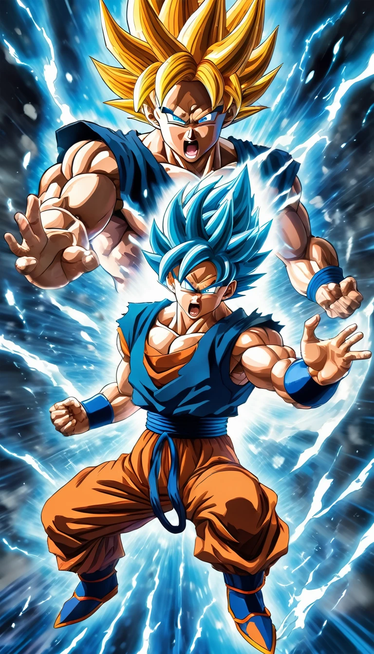 Manga cover, charismatic,  (random different forms of son goku super saiyan god mode ((unleashing random form blue rayed kamehameha:1.2)) , ready fighting pose:1.2 ) , random fight scene in the background, (multiple views:1.2)
