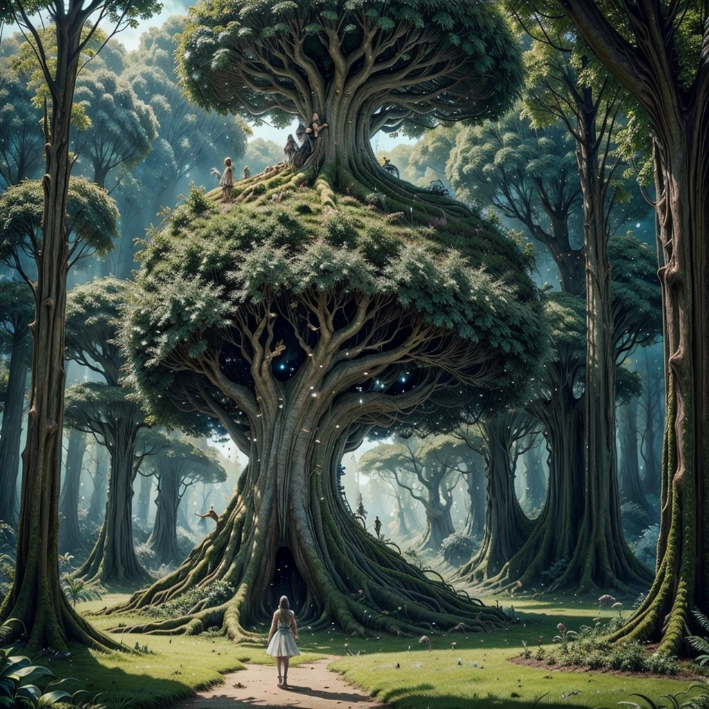 A fairy inside a huge fantasy tree, beautiful fairy, detailed, Fancy. realist, tiny. Giant world, size difference.