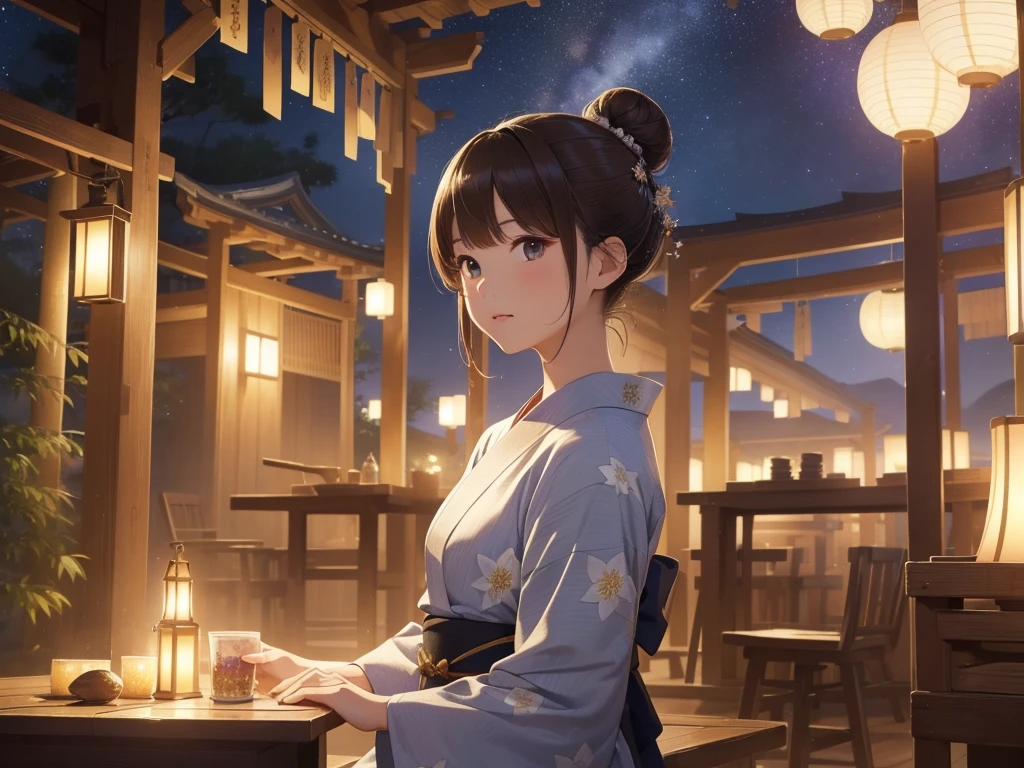 (Very detailed,High resolution,masterpiece:1.2)Japanese、Night view, Starry Sky、milky way、Tanabata Bamboo Decorations Light Brown Hair. She is wearing a yukata.Big fireworks、Slendering, Flat Color:0.8, Fine 図, Realistic:1.37, Shinkai Makoto style, Your name style, Hair Bun。,(masterpiece: 1,2)、(masterpiece: 1,2)、High resolution、超High resolution、Highest quality、High resolution、