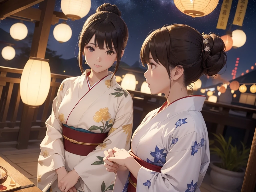 (Very detailed,High resolution,masterpiece:1.2)Japanese、Night view, Starry Sky、milky way、Tanabata Bamboo Decorations Light Brown Hair. She is wearing a yukata.Big fireworks、Slendering, Flat Color:0.8, Fine 図, Realistic:1.37, Shinkai Makoto style, Your name style, Hair Bun。,(masterpiece: 1,2)、(masterpiece: 1,2)、High resolution、超High resolution、Highest quality、High resolution、
