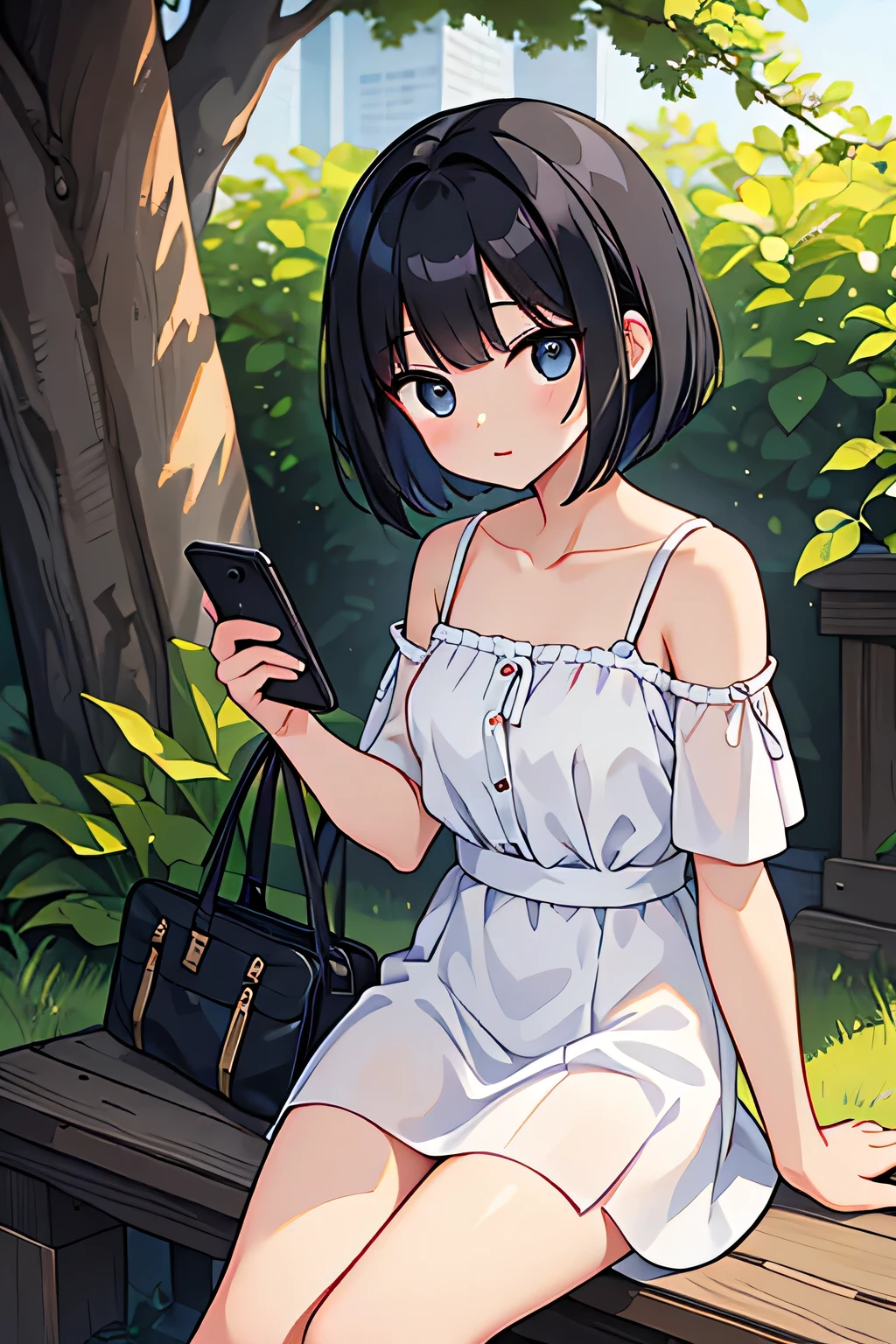 20-year-old female、cute、Black Hair、Bob Hairstyle、Calling on a smartphone、White Dress、summer、Nearby trees々、A small cicada is resting on a tree