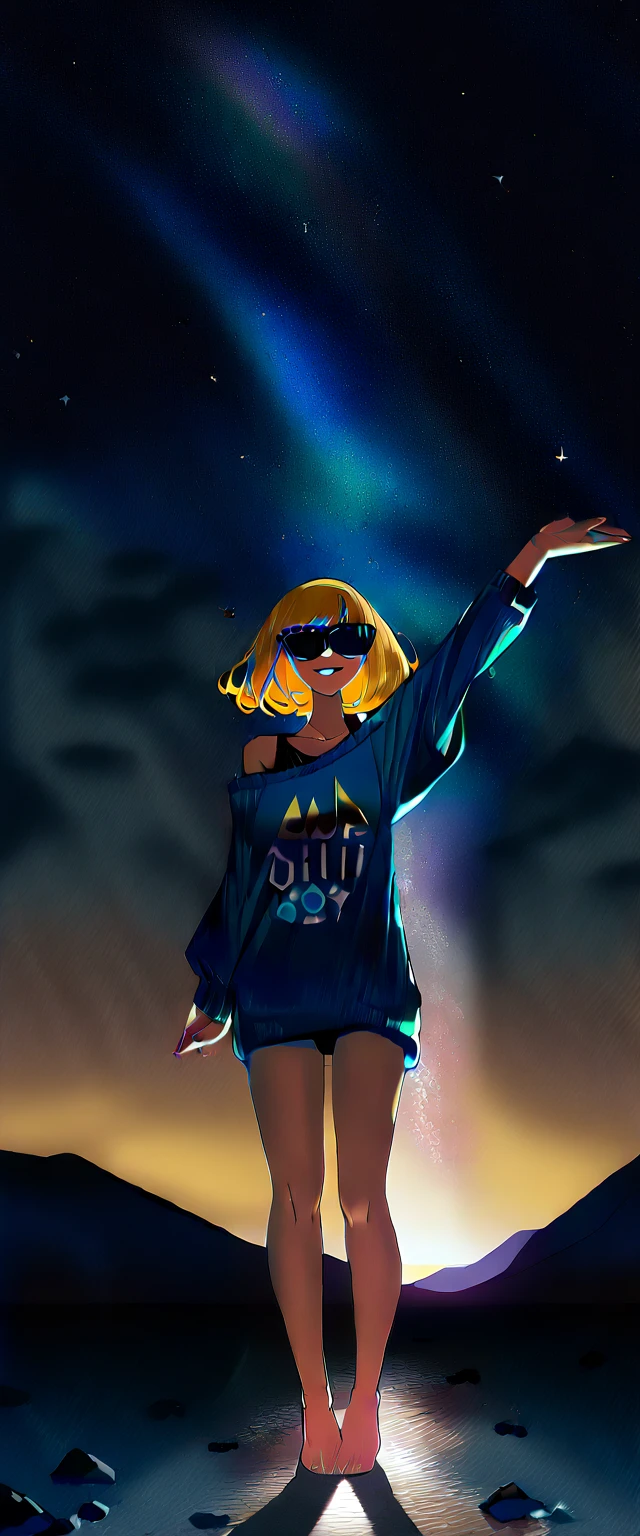 (((A quiet mountain landscape with a starry sky stretching out, the Milky Way shining beautifully in the night))), ((bare legs)), (((sunglasses, hand to sunglasses))), ((())), ((wavy hair, inward curled hair)), (()), ((blond hair, bob cut:1.3)), breasts, teenager, (looking at viewer), oversized clothes, puffy long sleeves, ((off-shoulder sweater:1.3, Quite thick shoulder straps)), ((black sweater)), collarbone, head tilt:1.3, (((blue eyes))), ((happy smile)), (((anime style))), (best quality, 4K, 8K, highres, masterpiece:1.2, ultra-detailed, ultra-detailed eyes, HDR, uhd, studio lighting, ultra-fine painting, sharp focus, physically-based rendering, extreme detail description, professional, vivid colors, bokeh)