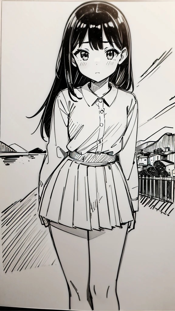 One Girl,Line art,Monochrome,sketch,Pencil drawing,Traditional Media,One Girl, skirt,Cute Teenage Girls, ,Beautiful portrait、Delicate body、Black Hair、Black Hair,landscape,Black and White
