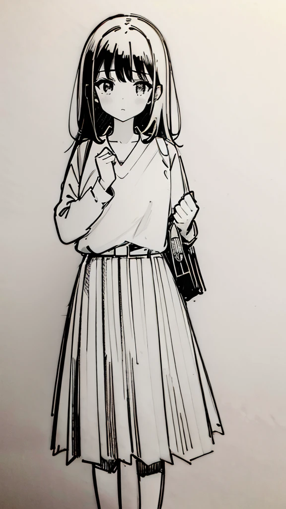One Girl,Line art,Monochrome,sketch,Pencil drawing,Traditional Media,One Girl, skirt,Cute age Girls, ,Beautiful portrait、Delicate body、Black Hair、Black Hair,landscape,Black and White