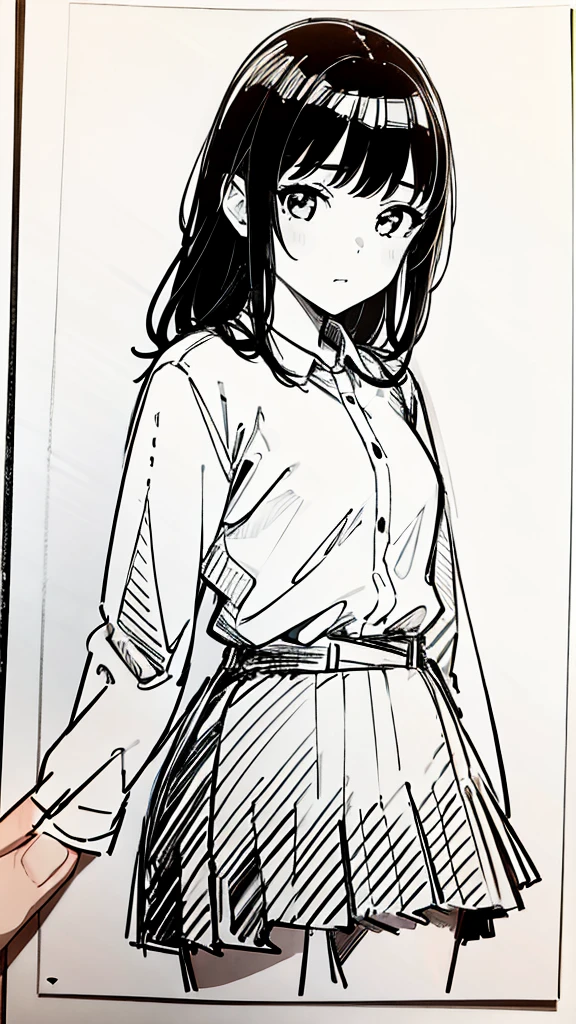One Girl,Line art,Monochrome,sketch,Pencil drawing,Traditional Media,One Girl, skirt,Cute Teenage Girls, ,Beautiful portrait、Delicate body、Black Hair、Black Hair,landscape,Black and White