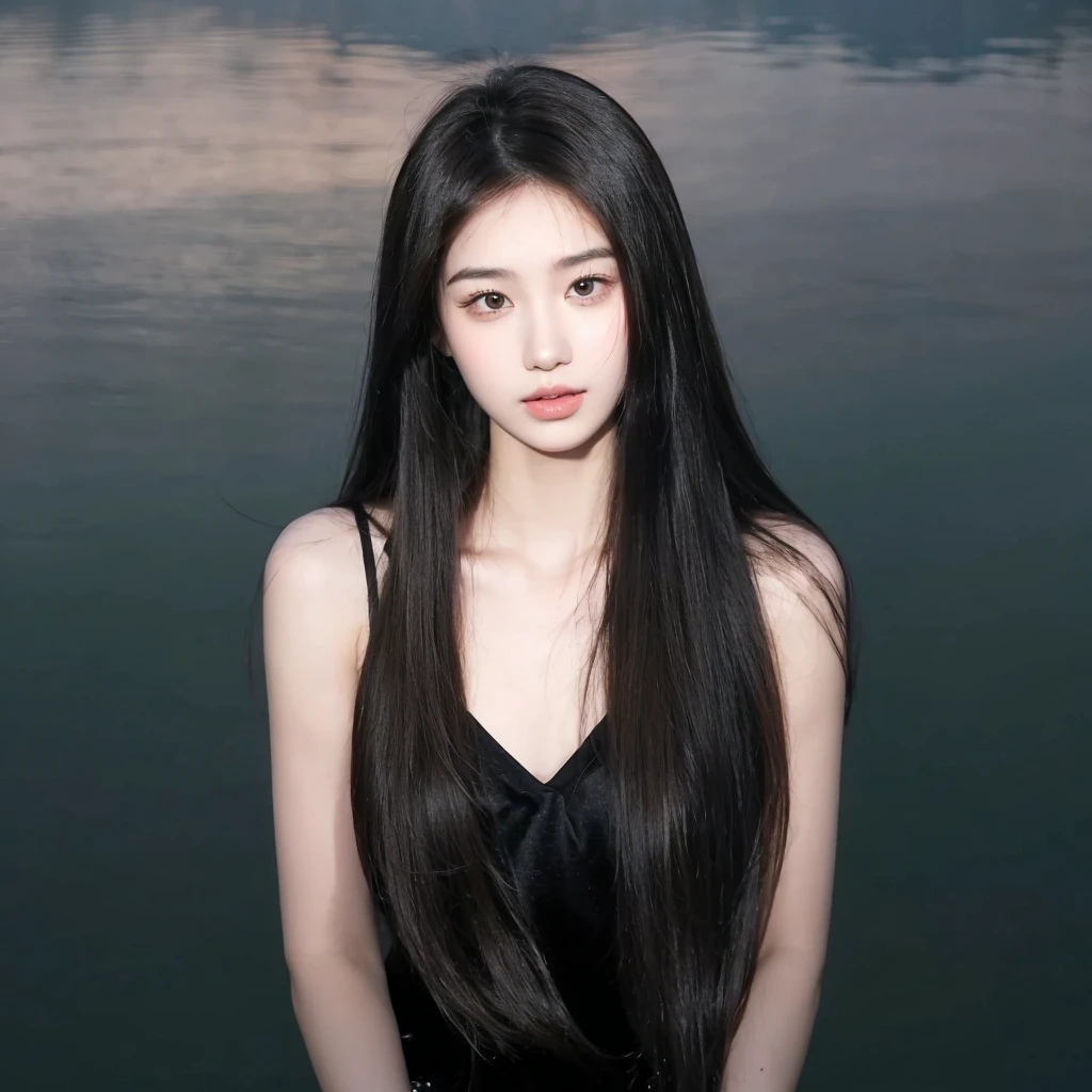 Middle-parted bangs and long straight hair，Hair dark brown，Natural and beautiful hair，Background simple and clean beautiful lakeside