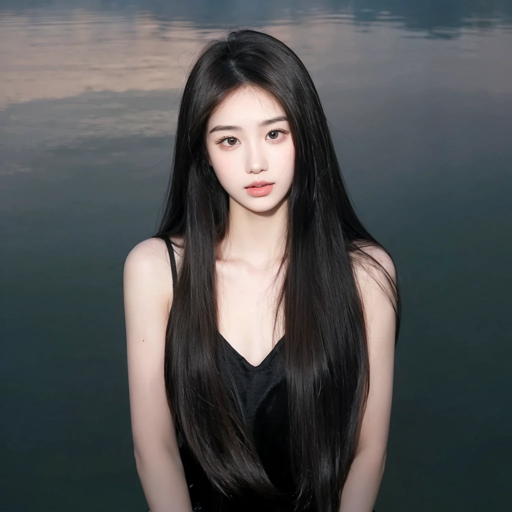 Middle-parted bangs and long straight hair，Hair dark brown，Natural and beautiful hair，Background simple and clean beautiful lakeside