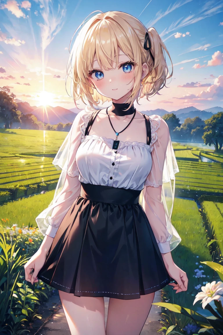 Absurd, Ultra-detailed,Bright colors, Very beautiful and detailed anime faces and eyes, View from the front, ;d, Shiny_skin,Age 25, , Sheer white 、Black socks、Checkered skirt Stylish bra、short hair, , Asymmetrical bangs, Blonde hair in short pigtails, Shiny髪, Boobs Delicate Beautiful Face, blush、(Deep blue eyes:1.3)、evening、There are many rice fields, Sunset over many fields、Orange View、Small Necklace、