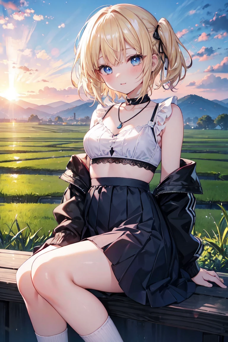 Absurd, Ultra-detailed,Bright colors, Very beautiful and detailed anime faces and eyes, View from the front, ;d, Shiny_skin,Age 25, , Sheer white 、Black socks、Checkered skirt Stylish bra、short hair, , Asymmetrical bangs, Blonde hair in short pigtails, Shiny髪, Boobs Delicate Beautiful Face, blush、(Deep blue eyes:1.3)、evening、There are many rice fields, Sunset over many fields、Orange View、Small Necklace、