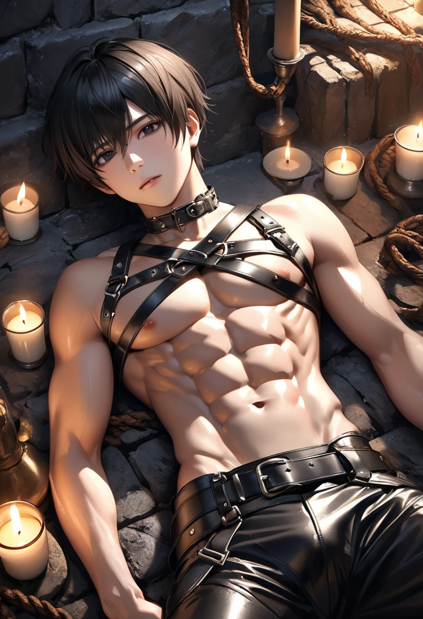 high quality, detailed, Realistic, (19 years old japanese idol slave boy), (detailed black eyes), (black short hair), (abs:1.5), (shiny skin), (leather bondage), dungeon, harness, (leather tiny thongs), (bulge:1.2), candle, (detailed nipples), detailed areola, laying,