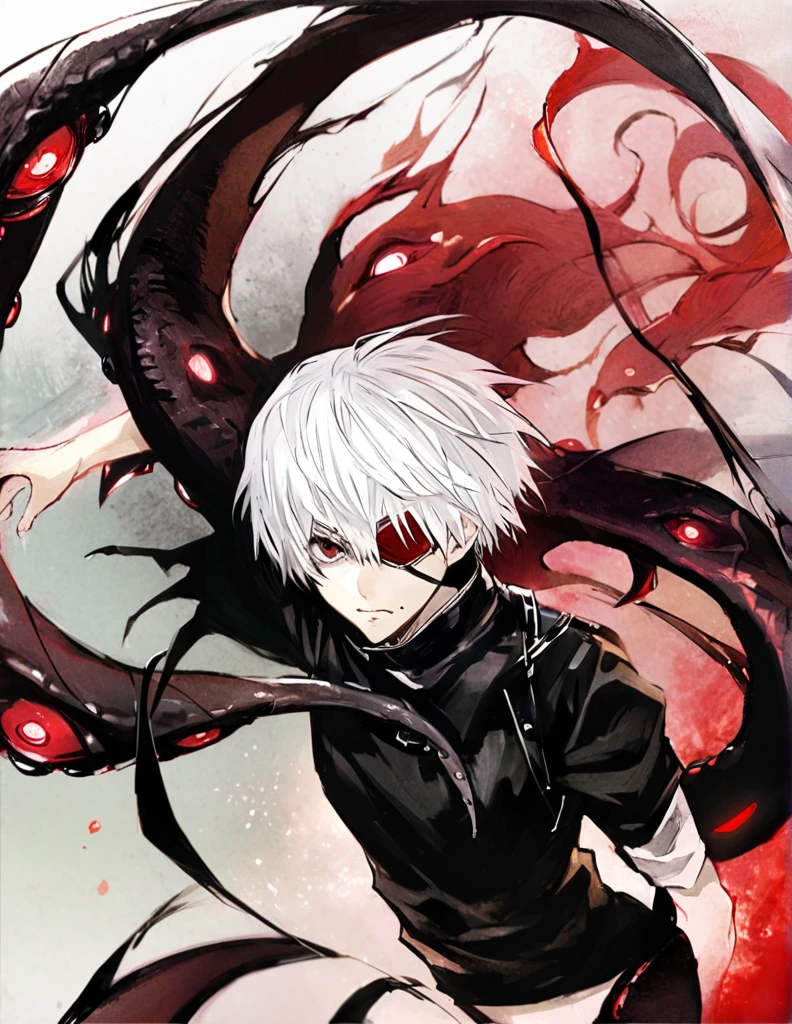 ```
ken kaneki, Tokyo Ghoul, white hair, black outfit, eyepatch, half-ghoul, serious expression, red kakugan eye, kagune tentacles, detailed face, high quality、Acrobatic、Wind-like sensation、

```