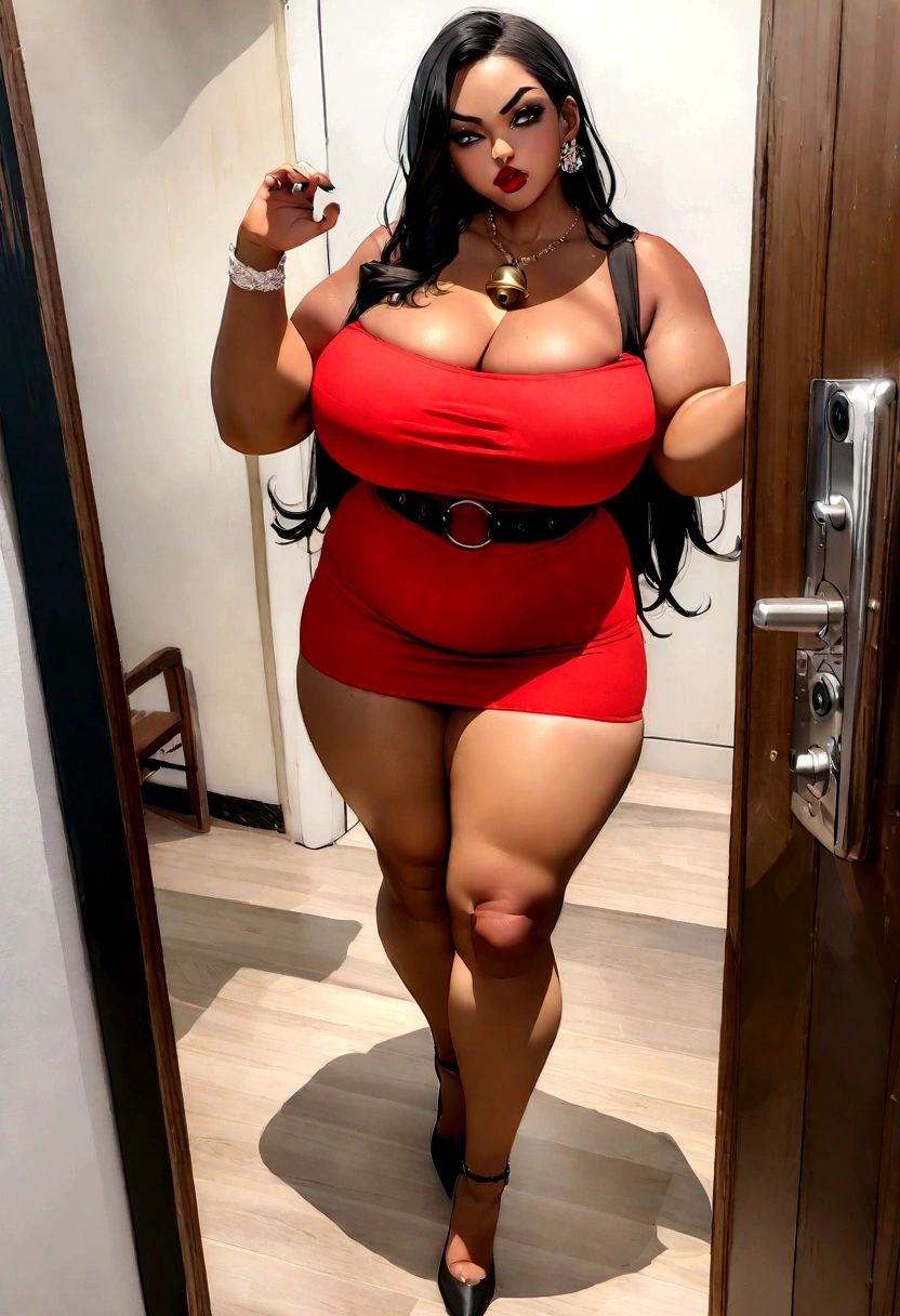 view of very tall curvy style very thick body very beautiful in strong make up and bold lipstick Norway in a mini dress at 25-year-old curvy model has very thick arms, is athletic and plus size, and is an angry woman standing with long legs ringing the bell in front of the front door, fashion, photo, and inside the luxury room. real people captured from Camera HD , 8K