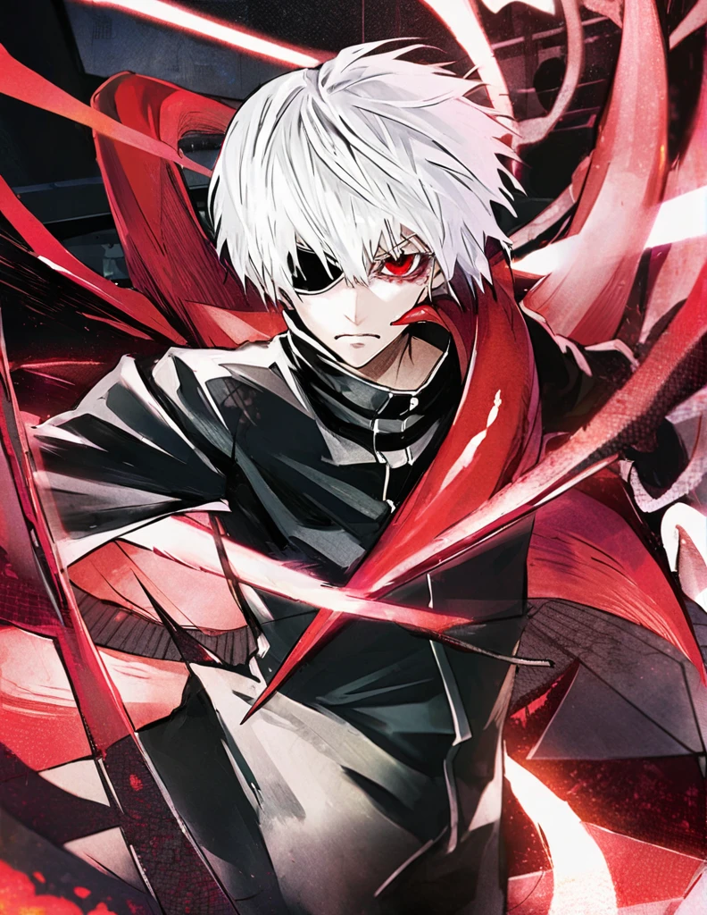 ```
ken kaneki, Tokyo Ghoul, white hair, black outfit, eyepatch, half-ghoul, serious expression, red kakugan eye, kagune tentacles, detailed face, high quality、Acrobatic、Wind-like sensation、

```