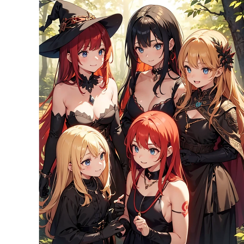 a group of beautiful witch girls in the middle of a forest in the night, tribal tattoo ,multiple girls, five girls, red and blonde hair , standing girl young girl, gloves, elbow pads, boots, smiles, small breasts, long black dress, necklaces, jewelry decorations , black red hair , red hair , black hair , blonde hair, blue eyes, full body,