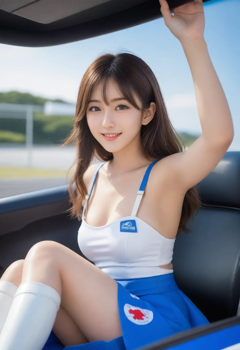 8K, Ultra-high resolution, Highest quality, masterpiece, 三分割法によるphotograph,Surreal, photograph, 1 Girl, (:1.3), pretty girl, Cute face, Beautiful eyes in every detail, 細かくdetailedに,masterpiece,, One Girl:1.2, Japan Female Announcer, blue sky, Confetti, Racing Car, flag, Small face, Very delicate facial expressions, Delicate eye depiction, Very fine hair, Upper body close-up, erotic, The only sexy Japanese woman, Healthy body shape, 16 years oldeen, Large, firm, swaying bust, Sexy long legs, Glowing Skin, Soft Skin, 派手なRace Queenのコスチューム, Blue tight skirt, White Leather Long Boots, Formula 1, Auto Racing Track,Beautiful leg line beauty,Captivating thighs,Full of sex appeal,Sensual,A carefree smile,Heal the heart,Short ponytail、beauty,Long neck、Laugh a little、Please close your mouth and laugh、(((Ideal body type))),A cup small breasts :2,、Portraiture:2、Perfect Anatomy、鮮明なdetailed、detailed、Surreal、Light and shadow,Strong light
