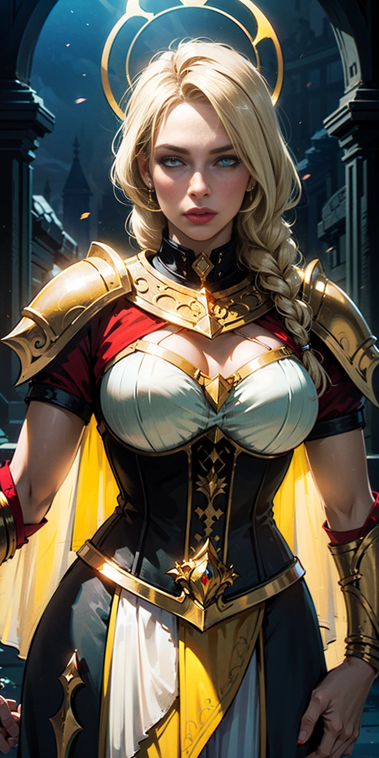 upper body of paladin lady in ornate golden armor, black collar, pauldrons, breastplate, corset, glowing halo, single braid, blonde, yellow glowing eyes, bright pupils, eye focus, red cape, temple indoors, stained glass windows, night, moonlight, particles, light beam, chromatic aberration, left hand on hips, right hand peace sign