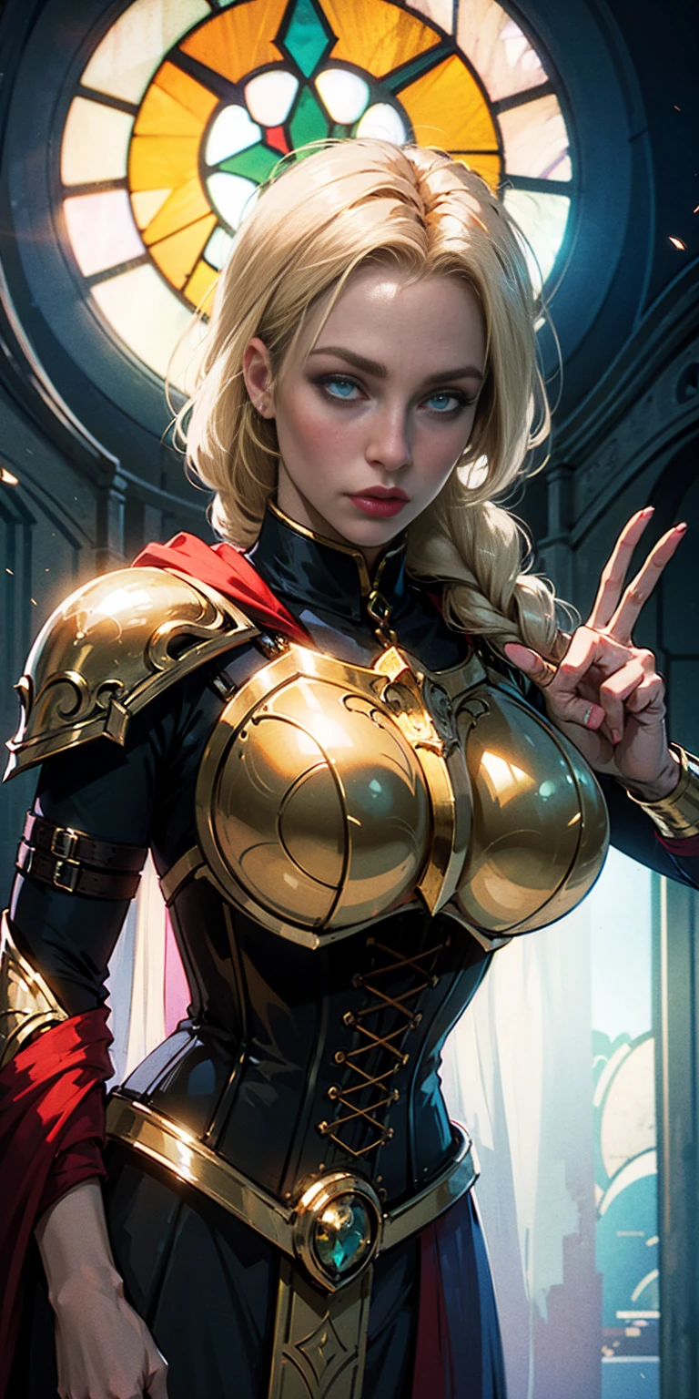 upper body of paladin lady in ornate golden armor, black collar, pauldrons, breastplate, corset, glowing halo, single braid, blonde, yellow glowing eyes, bright pupils, eye focus, red cape, temple indoors, stained glass windows, night, moonlight, particles, light beam, chromatic aberration, left hand on hips, right hand peace sign