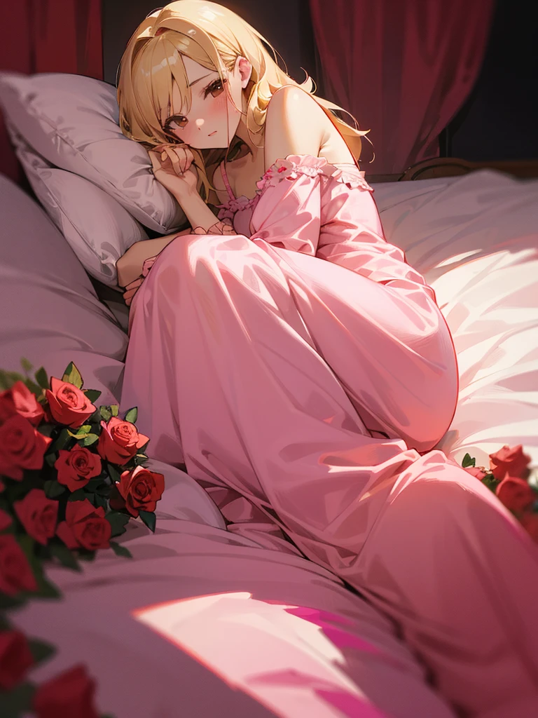 Blonde hair, pink nightgown, roses, brown eyes, adult woman