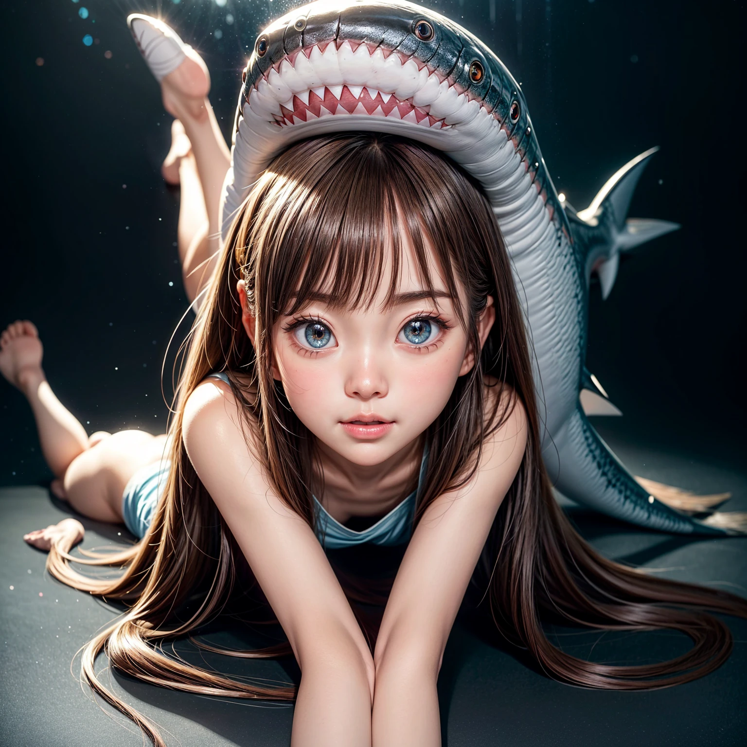 ((( stuffed full body Shark on Head))), 8k, High-level, absurd, masterpiece, best quality, primitive, very detailed CG, very detailed wallpaper, perfect lighting, Extremely detailed ((( personifying " Shark " as a ))), MysticSight, Tyndall effect, Tyndall scattering, (Studio gray background with (Overflowing oodles Dazzling RainbowColorParticles (BokeH))), (RoundlyButts, ThighGap), (Exposed:0.4), (Assfocus with looking ahead) BREAK (Acutance:0.88), (NOGIZAKA face variations) Extremely Detailed very KAWAII face variations, perfect anatomy, Childish, CaptivatingGaze ElaboratePupils detailed Eyes with (sparkling highlights:1.28), (Voluminous LongEyelashes:0.88)、GlossyRED Lips with beautiful details, RosyCheeks, Radiant PearlSkin with Transparency . { (Dynamic LifeLike expressions:1.4) | (:d) }, (large eyes:-1) .