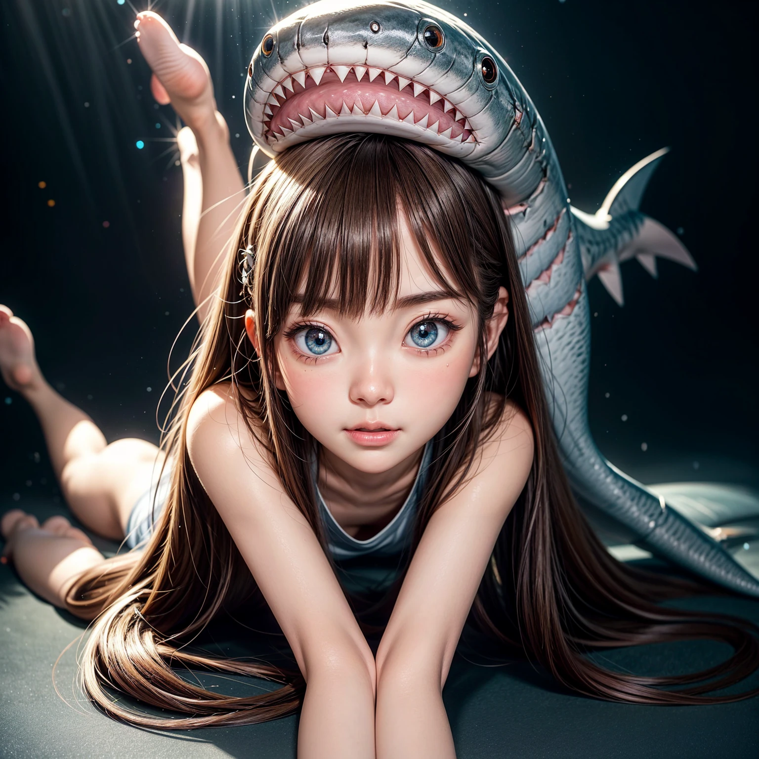 ((( stuffed full body Shark on Head))), 8k, High-level, absurd, masterpiece, best quality, primitive, very detailed CG, very detailed wallpaper, perfect lighting, Extremely detailed ((( personifying " Shark " as a ))), MysticSight, Tyndall effect, Tyndall scattering, (Studio gray background with (Overflowing oodles Dazzling RainbowColorParticles (BokeH))), (RoundlyButts, ThighGap), (Exposed:0.4), (Assfocus with looking ahead) BREAK (Acutance:0.88), (NOGIZAKA face variations) Extremely Detailed very KAWAII face variations, perfect anatomy, Childish, CaptivatingGaze ElaboratePupils detailed Eyes with (sparkling highlights:1.28), (Voluminous LongEyelashes:0.88)、GlossyRED Lips with beautiful details, RosyCheeks, Radiant PearlSkin with Transparency . { (Dynamic LifeLike expressions:1.4) | (:d) }, (large eyes:-1) .
