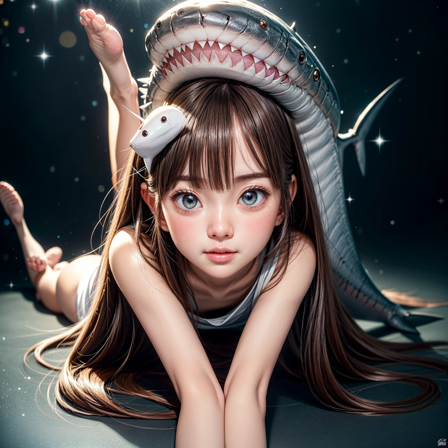 ((( stuffed full body Shark on Head))), 8k, High-level, absurd, masterpiece, best quality, primitive, very detailed CG, very detailed wallpaper, perfect lighting, Extremely detailed ((( personifying " Shark " as a Little Girl))), MysticSight, Tyndall effect, Tyndall scattering, (Studio gray background with (Overflowing oodles Dazzling RainbowColorParticles (BokeH))), (RoundlyButts, ThighGap), (Exposed:0.4), (Assfocus with looking ahead) BREAK (Acutance:0.88), (NOGIZAKA face variations) Extremely Detailed very KAWAII face variations, perfect anatomy, Childish, CaptivatingGaze ElaboratePupils detailed Eyes with (sparkling highlights:1.28), (Voluminous LongEyelashes:0.88)、GlossyRED Lips with beautiful details, RosyCheeks, Radiant PearlSkin with Transparency . { (Dynamic LifeLike expressions:1.4) | (:d) }, (large eyes:-1) .