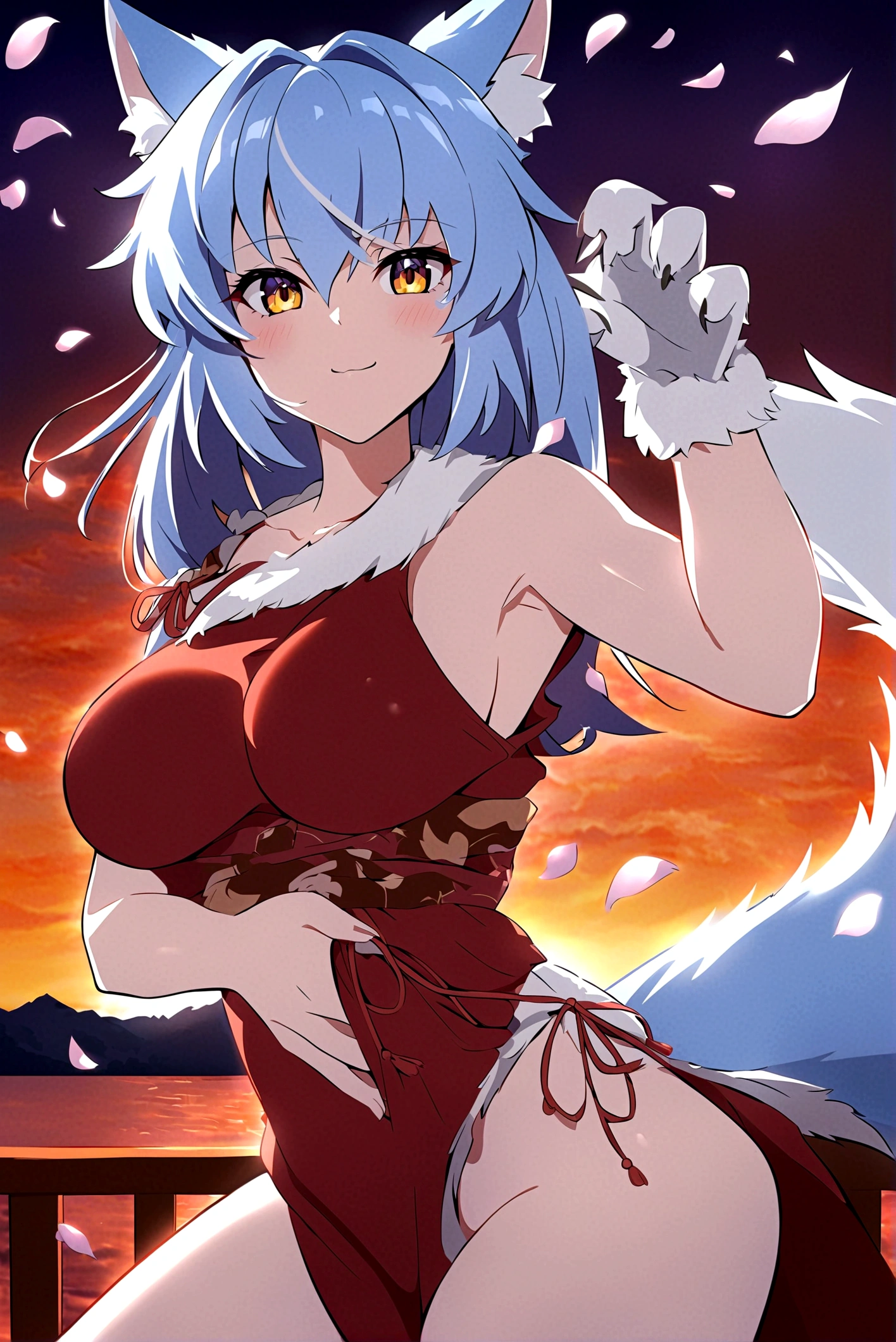 fox Light blue hair 　beast girl　indigo fur　fox beast girl　Sesshomaru, Yellow eyes, Anime, Perfect face, Perfect Lighting, Outdoors, Warm colors, Dark purple sky, Autumn sunset,  \(inuyasha\), Bearing Claw, Ready to fight　wave, koi fish, anime artstyle, wide view, fluffy. yellow  fox, marking under the eyes, crystal antler ,violet eyes, wearing bandanna, flower petals, Ambient light，Ultra-fine fur，volumettic light，natural  lightting，fox tail，nevando，35mm。High quality, high detal, Best quality, hyper HD，individual，Single