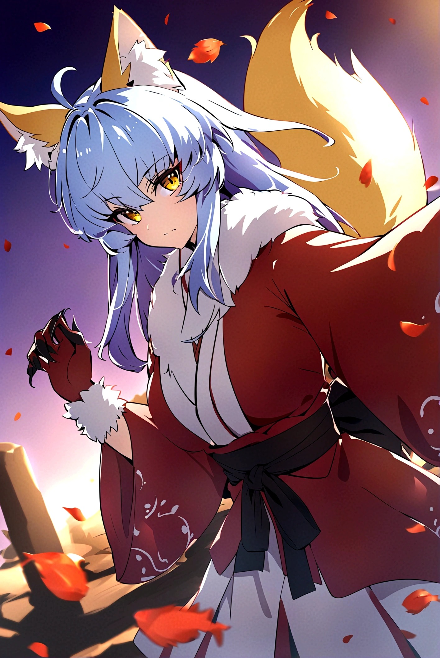 fox Light blue hair 　beast girl　indigo fur　fox beast girl　Sesshomaru, Yellow eyes, Anime, Perfect face, Perfect Lighting, Outdoors, Warm colors, Dark purple sky, Autumn sunset,  \(inuyasha\), Bearing Claw, Ready to fight　wave, koi fish, anime artstyle, wide view, fluffy. yellow  fox, marking under the eyes, crystal antler ,violet eyes, wearing bandanna, flower petals, Ambient light，Ultra-fine fur，volumettic light，natural  lightting，fox tail，nevando，35mm。High quality, high detal, Best quality, hyper HD，individual，Single