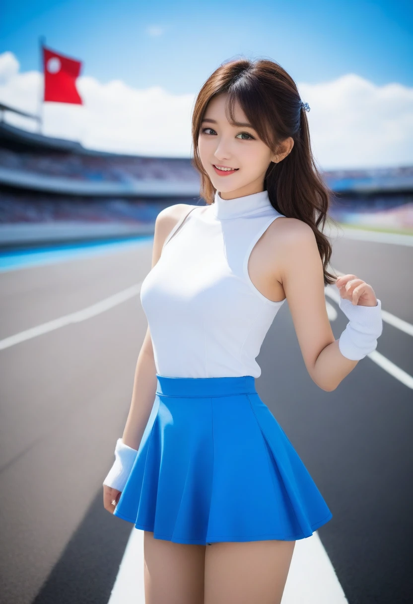 8K, Ultra-high resolution, Highest quality, masterpiece, 三分割法によるphotograph,Surreal, photograph, 1 Girl, (16 years old:1.3), pretty girl, Cute face, Beautiful eyes in every detail, 細かくdetailedに,masterpiece,, One Girl:1.2, Japan Female Announcer, blue sky, Confetti, Racing Car, flag, Small face, Very delicate facial expressions, Delicate eye depiction, Very fine hair, Upper body close-up, erotic, The only sexy Japanese woman, Healthy body shape, 16 years oldの女性, Race Queen,  Large, firm, swaying bust, Sexy long legs, Glowing Skin, Soft Skin, 派手なRace Queenのコスチューム, Blue tight skirt, White Leather Long Boots, Formula 1, Auto Racing Track,Beautiful leg line beauty,Captivating thighs,Full of sex appeal,Sensual,A carefree smile,Heal the heart,Short ponytail、beauty,Long neck、Laugh a little、Please close your mouth and laugh、(((Ideal body type))),A cup small breasts :2,、Portraiture:2、Perfect Anatomy、鮮明なdetailed、detailed、Surreal、Light and shadow,Strong light