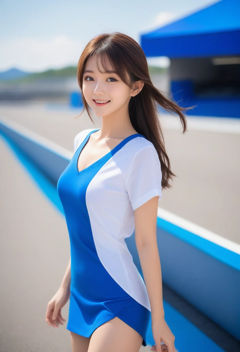 8K, Ultra-high resolution, Highest quality, masterpiece, 三分割法によるphotograph,Surreal, photograph, 1 Girl, (:1.3), pretty girl, Cute face, Beautiful eyes in every detail, 細かくdetailedに,masterpiece,, One Girl:1.2, Japan Female Announcer, blue sky, Confetti, Racing Car, flag, Small face, Very delicate facial expressions, Delicate eye depiction, Very fine hair, Upper body close-up, erotic, The only sexy Japanese woman, Healthy body shape, 16 years oldeen, Large, firm, swaying bust, Sexy long legs, Glowing Skin, Soft Skin, 派手なRace Queenのコスチューム, Blue tight skirt, White Leather Long Boots, Formula 1, Auto Racing Track,Beautiful leg line beauty,Captivating thighs,Full of sex appeal,Sensual,A carefree smile,Heal the heart,Short ponytail、beauty,Long neck、Laugh a little、Please close your mouth and laugh、(((Ideal body type))),A cup small breasts :2,、Portraiture:2、Perfect Anatomy、鮮明なdetailed、detailed、Surreal、Light and shadow,Strong light