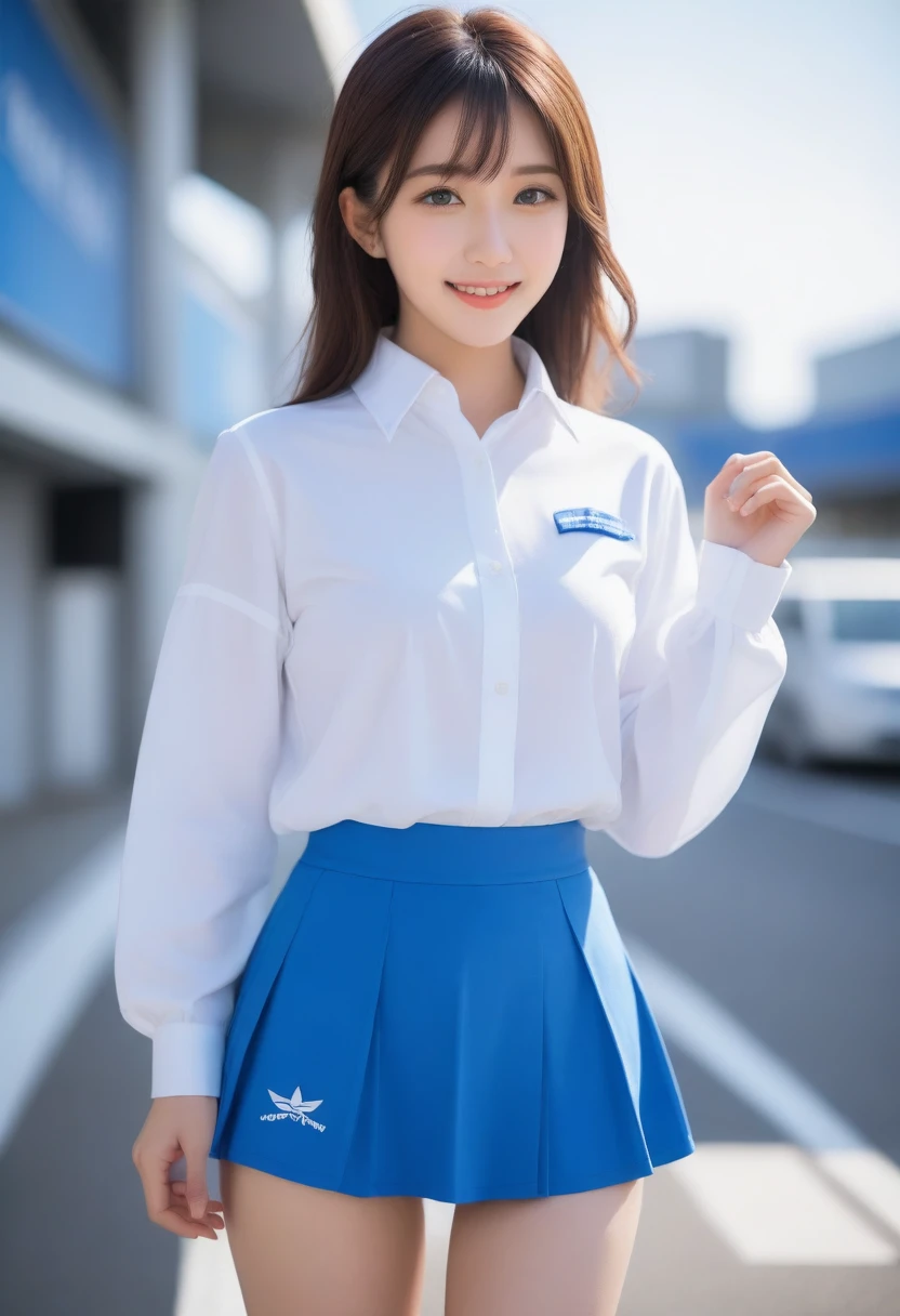 8K, Ultra-high resolution, Highest quality, masterpiece, 三分割法によるphotograph,Surreal, photograph, 1 Girl, (16 years old:1.3), pretty girl, Cute face, Beautiful eyes in every detail, 細かくdetailedに,masterpiece,, One Girl:1.2, Japan Female Announcer, blue sky, Confetti, Racing Car, flag, Small face, Very delicate facial expressions, Delicate eye depiction, Very fine hair, Upper body close-up, erotic, The only sexy Japanese woman, Healthy body shape, 16 years oldの女性, Race Queen, Large, firm, swaying bust, Sexy long legs, Glowing Skin, Soft Skin, 派手なRace Queenのコスチューム, Blue tight skirt, White Leather Long Boots, Formula 1, Auto Racing Track,Beautiful leg line beauty,Captivating thighs,Full of sex appeal,Sensual,A carefree smile,Heal the heart,Short ponytail、beauty,Long neck、Laugh a little、Please close your mouth and laugh、(((Ideal body type))),A cup small breasts :2,、Portraiture:2、Perfect Anatomy、鮮明なdetailed、detailed、Surreal、Light and shadow,Strong light