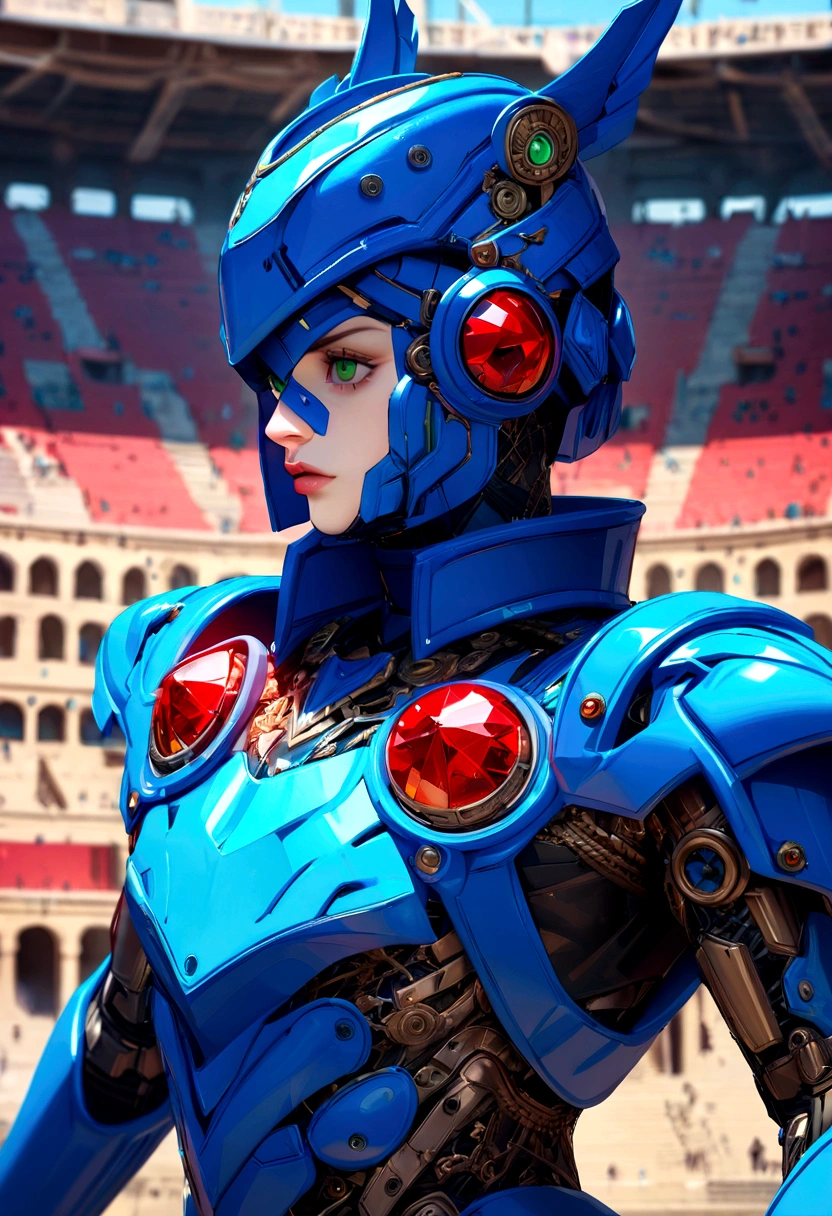 Highest quality, masterpiece, High resolution, detailed, Digital Art, One boy, Android, X Rockman, Blue Helmet, Green Eyes, Red Crystal, Blue Armor, Colosseum, Upper Body,Personification,Real,8K