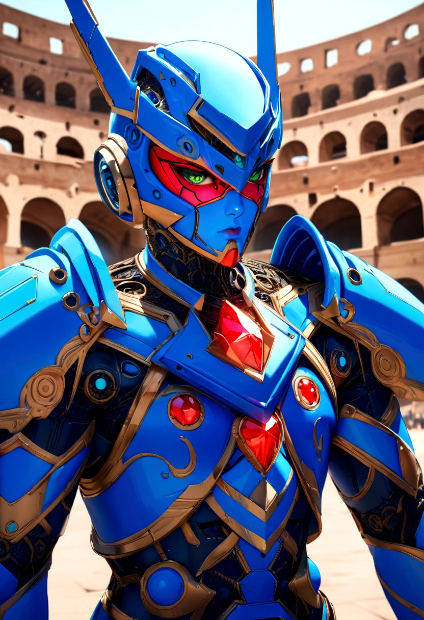 Highest quality, masterpiece, High resolution, detailed, Digital Art, One boy, Android, X Rockman, Blue Helmet, Green Eyes, Red Crystal, Blue Armor, Colosseum, Upper Body,Personification,Real,8K