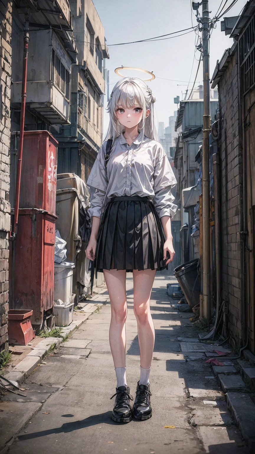 ((masterpiece, best quality)),A girl, Solitary, skirt, permanent, Halo, alley, outdoor, Bangs, white skirt, White hair, Long hair, Black footwear, Industrial pipe, Looking at the audience, Air conditioner,Dim Lights, Rubbish, Rubbish bin, Huaxiahua 2011