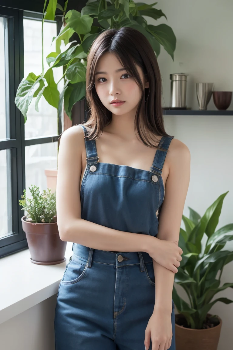 A beautiful young woman standing in a bright room, nude with a shy and modest expression. She is covering her chest with one arm and her lower body with her hand. The room is well-lit with natural light streaming through a large window. There is a small potted plant on the windowsill, adding a touch of greenery to the serene and minimalistic setting. The overall atmosphere is soft and intimate, emphasizing the woman's gentle and modest pose.