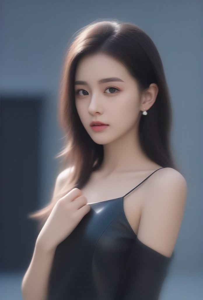 1 girl, Best Quality, Masterpiece, high resolution, [purple|sliver|green] _Hair, black miniskirt, Hair accessory, collar, jewelry, beautiful face, thinking in the future, full body view, realist, exterior, modern square, Two tone lighting, (high detailed leather: 1.2), 8k hd, DSLR, Luz outfit, high quality, volumetric light, sincere, Photo, high resolution, 4k, 8k, background blur