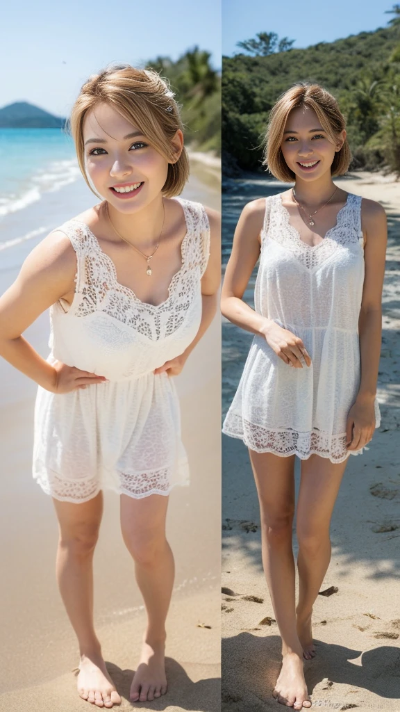 (Top quality, 8K, Masterpiece: 1.3), pull angles, full body, lens used f/2.8, 50mm, camera Sony, beautiful woman, one girl, slender abs: 1.1, short blond hair, (full body, down to feet: 1.2), super detailed face, very detailed lips, detailed eyes, double eyelids, Necklace, watch chosen as accessory, cute summer dress, beautiful beach background, very detailed face and skin, detailed eyes, double eyelids, expression best smile." Translated with DeepL.com (free version)