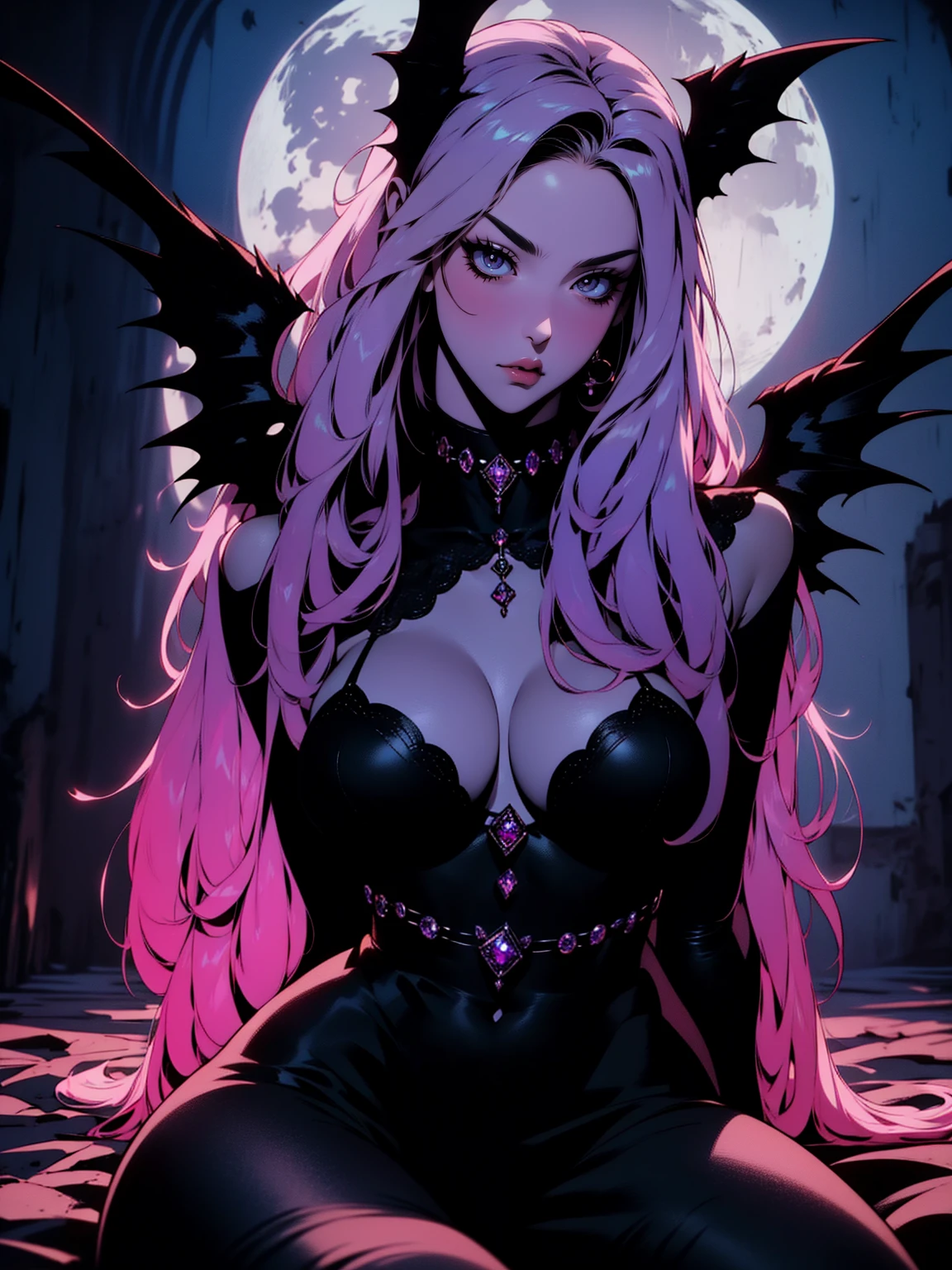 {-erro_de_anatomia:1.0} (best quality,4k,8k,highres,masterpiece:1.2) (masterpiece, top quality, best quality, official art, beautiful and aesthetic: 1.2), (1 woman: 1.3) Succubus girl, long pink hair , yellow eyes, (crystal eyes) succubus wings, black pant, black gloves,  attractive, moonlight, dinamic poses, sitting on the ground, looking back, perfect hands (perfect fingers), angry face, 