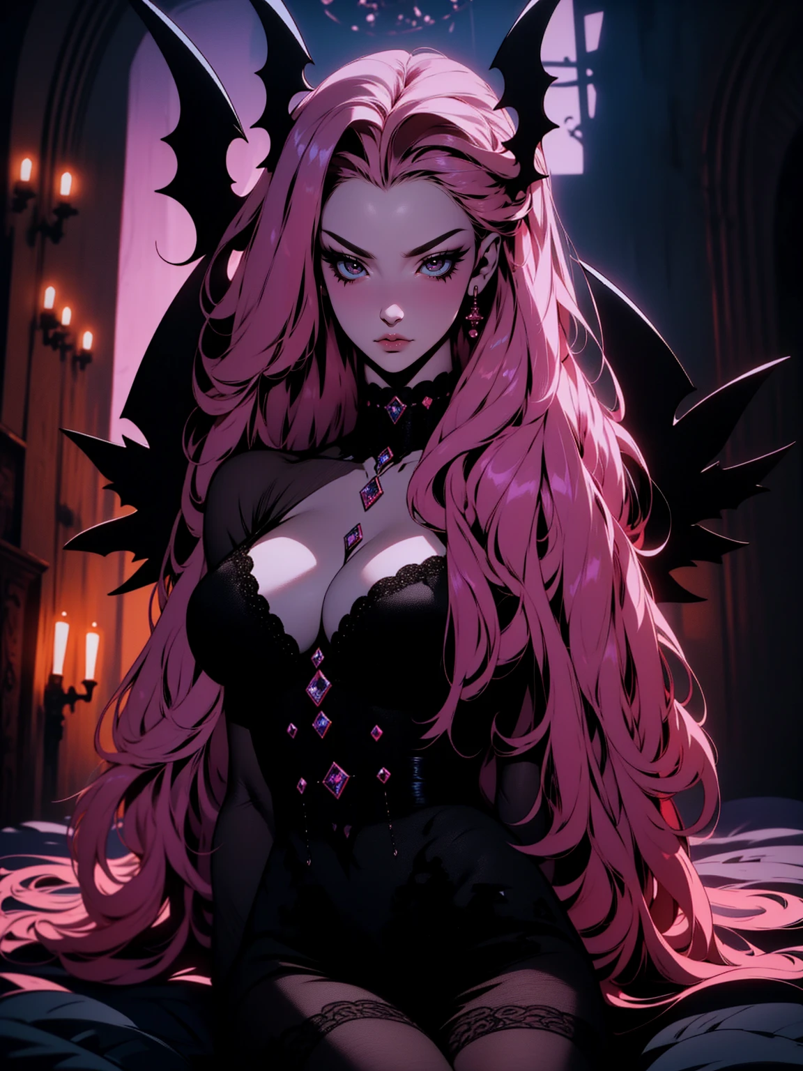 {-erro_de_anatomia:1.0} (best quality,4k,8k,highres,masterpiece:1.2) (masterpiece, top quality, best quality, official art, beautiful and aesthetic: 1.2), (1 woman: 1.3) Succubus girl, long pink hair , yellow eyes, (crystal eyes) succubus wings, black pant, black gloves,  attractive, moonlight, dinamic poses, sitting on the ground, looking back, perfect hands (perfect fingers), angry face, 