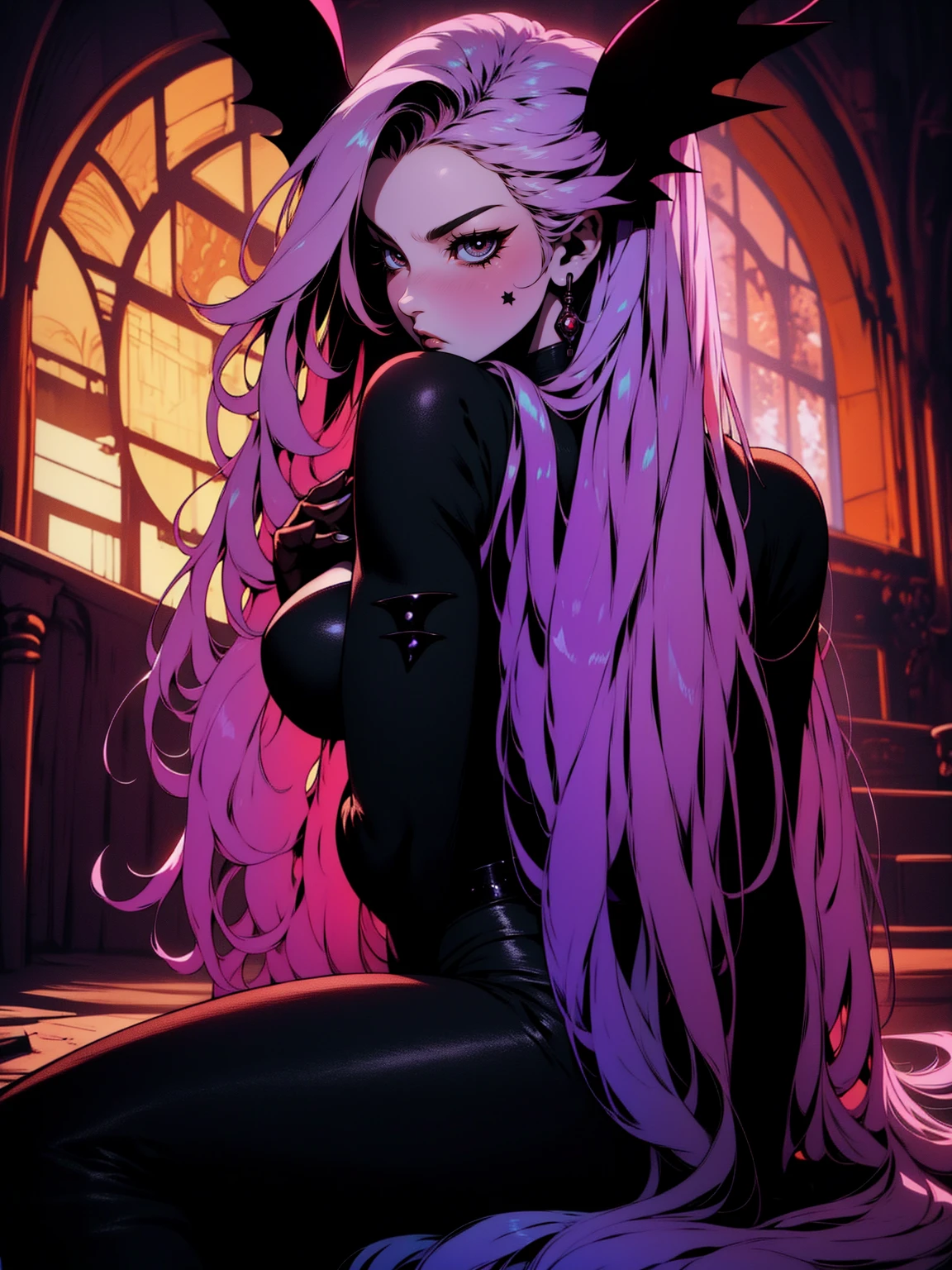 {-erro_de_anatomia:1.0} (best quality,4k,8k,highres,masterpiece:1.2) (masterpiece, top quality, best quality, official art, beautiful and aesthetic: 1.2), (1 woman: 1.3) Succubus girl, long pink hair , yellow eyes, (crystal eyes) succubus wings, black pant, black gloves,  attractive, moonlight, dinamic poses, sitting on the ground, looking back, perfect hands (perfect fingers), angry face, 