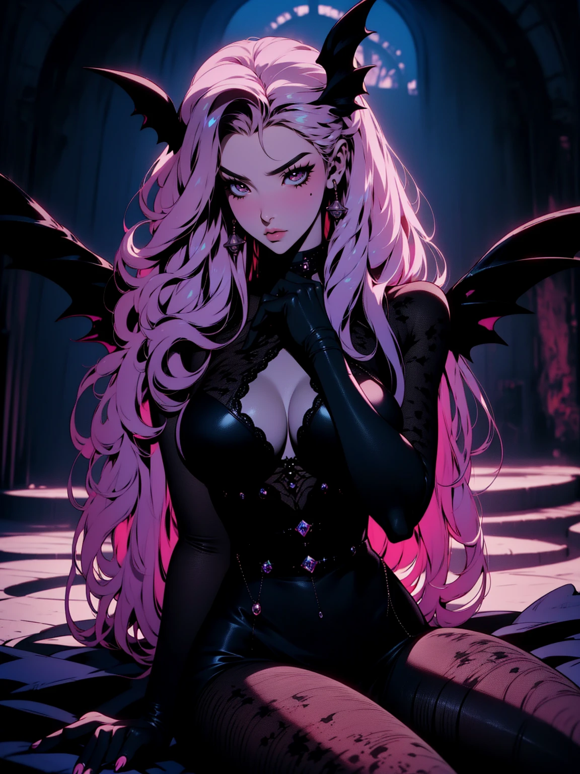 {-erro_de_anatomia:1.0} (best quality,4k,8k,highres,masterpiece:1.2) (masterpiece, top quality, best quality, official art, beautiful and aesthetic: 1.2), (1 woman: 1.3) Succubus girl, long pink hair , yellow eyes, (crystal eyes) succubus wings, black pant, black gloves,  attractive, moonlight, dinamic poses, sitting on the ground, looking back, perfect hands (perfect fingers), angry face, 