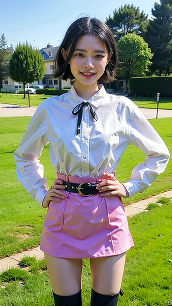 (8K、RAW Photos、Highest quality、masterpiece:1.2)、(Realistic、Realistic)、1 Girl、((mini skirt、Black and Pink、Thin legs、whole body、boots、Clothes with ribbons、Anime Costumes、Chest ribbon、Off the shoulder、See-through、Frills、garden、smile、View from the front、Ribbon on chest、Looking into the camera、belt、Stand with hands on hips))、