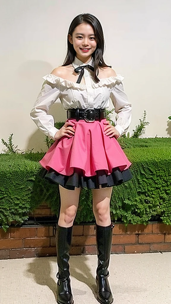 (8K、RAW Photos、Highest quality、masterpiece:1.2)、(Realistic、Realistic)、1 Girl、((mini skirt、Black and Pink、Thin legs、whole body、boots、Clothes with ribbons、Anime Costumes、Chest ribbon、Off the shoulder、See-through、Frills、garden、smile、View from the front、Ribbon on chest、Looking into the camera、belt、Stand with hands on hips))、