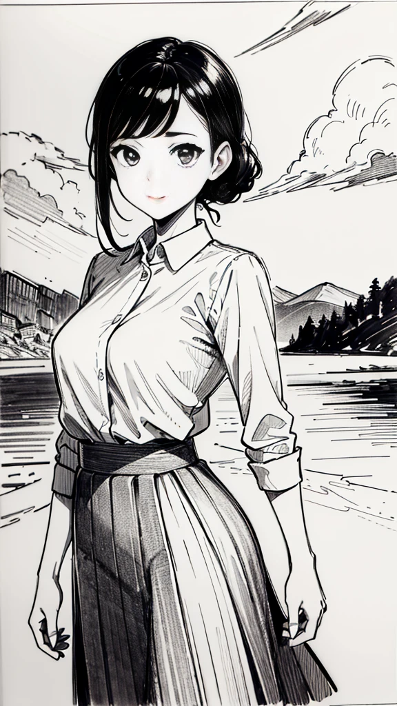 One Girl,Line art,Monochrome,sketch,Pencil drawing,Traditional Media,One Girl, skirt,Cute Teenage Girls, ,Beautiful portrait、Delicate body、Black Hair、Black Hair,landscape,Black and White