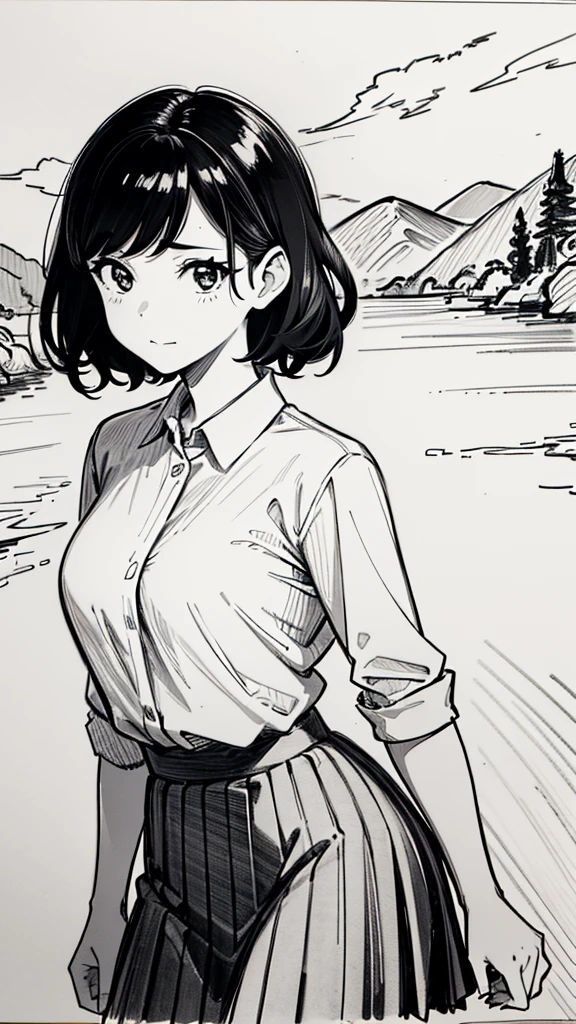 One Girl,Line art,Monochrome,sketch,Pencil drawing,Traditional Media,One Girl, skirt,Cute Teenage Girls, ,Beautiful portrait、Delicate body、Black Hair、Black Hair,landscape,Black and White