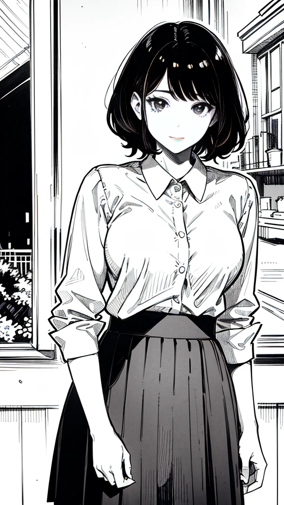 One Girl,Line art,Monochrome,sketch,Pencil drawing,Traditional Media,One Girl, skirt,Cute Teenage Girls, ,Beautiful portrait、Delicate body、Black Hair、Black Hair,landscape,Black and White