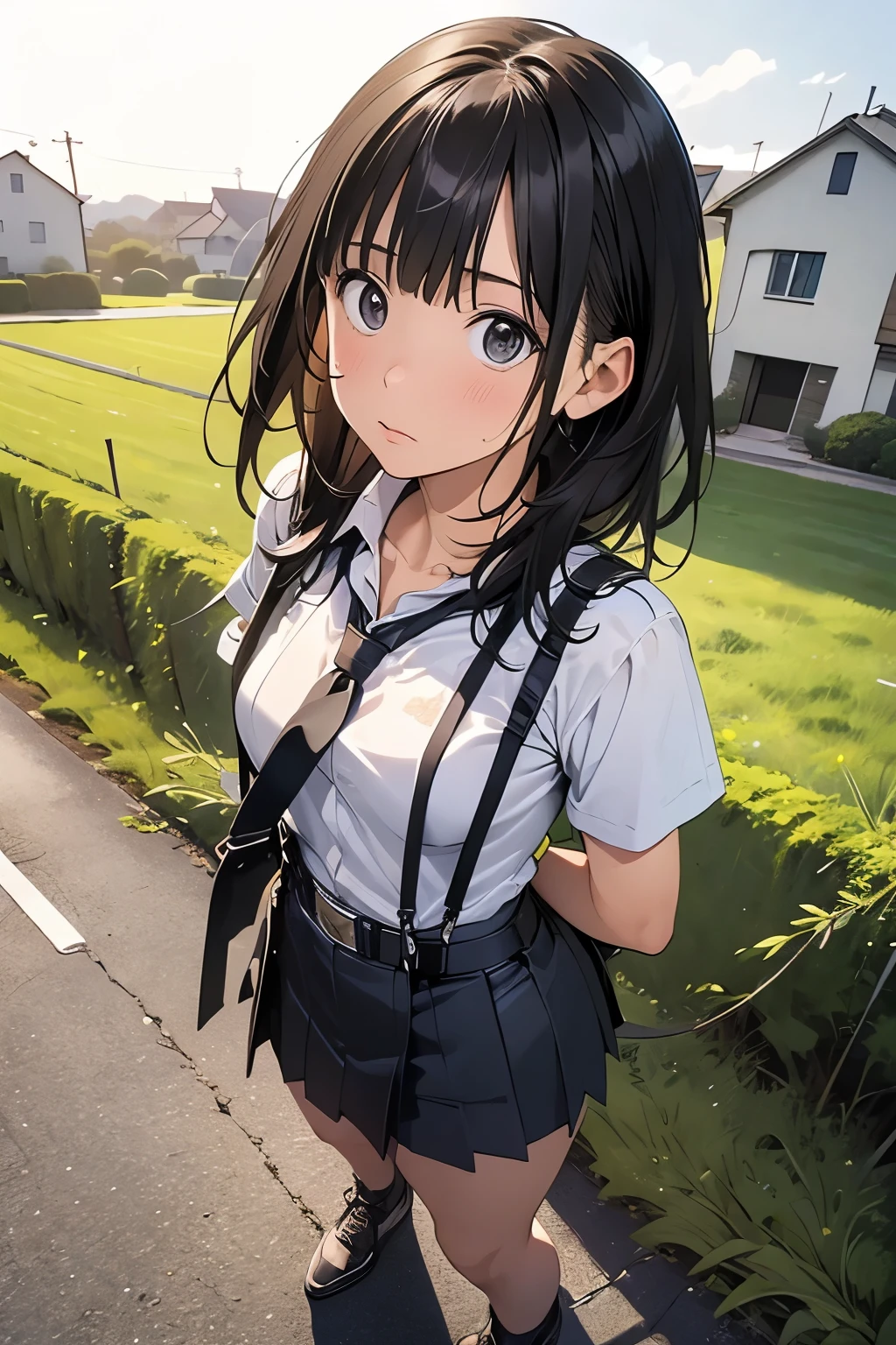 high quality, masterpiece, Ultra-high resolution, (realism: 1.4), Oil painting style, Cinema Lighting, An endless grassland dotted with a few houses, I stood on the empty asphalt road and looked at it., Fairy Mountain々was shrouded in mist, And the suspenders with the cranes flying Large Breasts Small face holster Lying in bed Looking up Sweat belt summer 脇Sweat Black Hole Gloves suit shirt mini skirt ガーターbelt Leg Links ズボンにbelt holster Hands behind your back Anxious expression Looking up Anxious face
