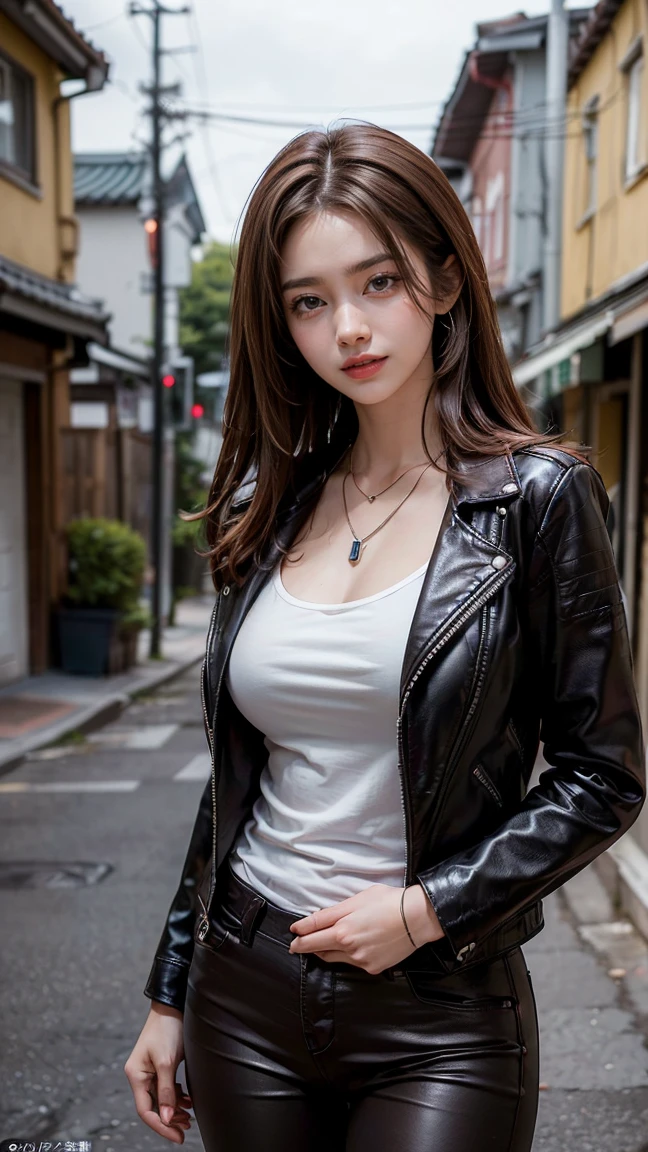 (Masterpiece, BestQuality:1.3), (ultra detailed:1.2), (hyperrealistic:1.3), (RAW photo:1.2),High detail RAW color photo, professional photograph, (Photorealistic:1.4), (realistic:1.4), ,professional lighting, (japanese), beautiful face, (realistic face), cute woman, (Brown Hair:1.5), (Big Breasts:1.2), (cheerful Smile:1.35), Trending Hair&Trending Hairカラーをランダムに, sexly, erotic sexly, Random sexy gravure poses, (A cool beauty in a black leather jacket and pants shows off her perfect smile in an urban backstreet。Wear a chain necklace、She is posing sexy with her arms crossed。: 1.3)
