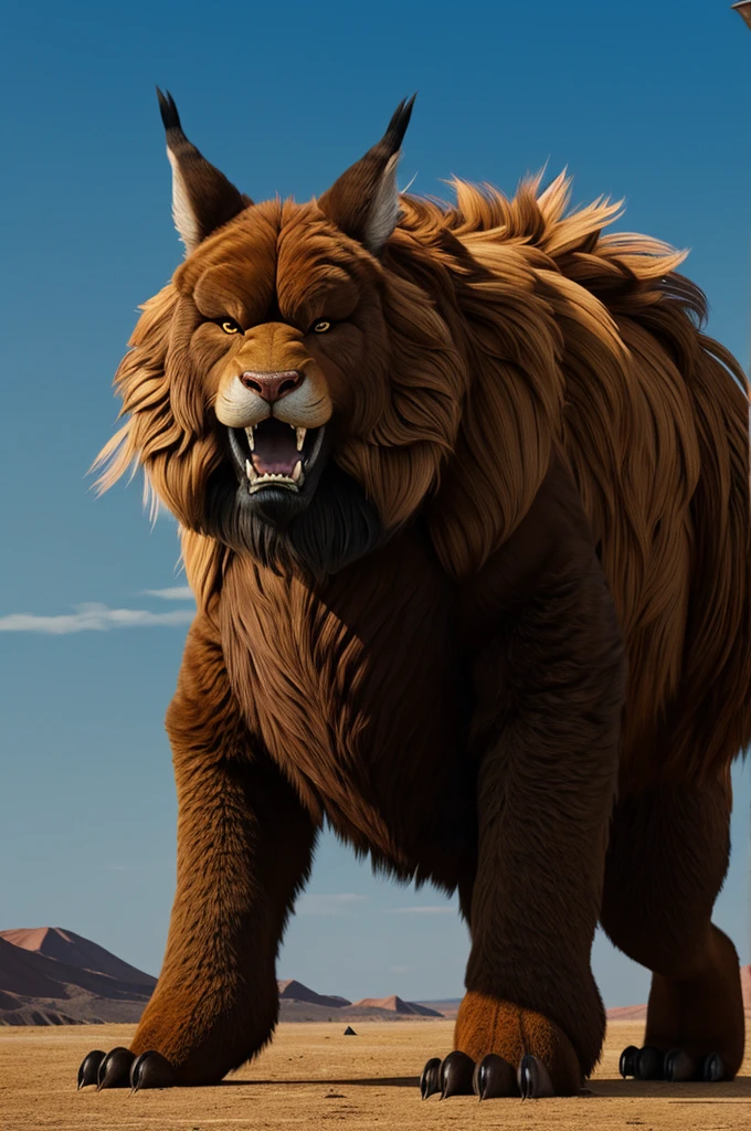 It is a large creature with large legs and brown and gold-colored claws., Its front legs are larger than its hind legs., its tail is long and hairy, Its fur is red and goes downwards with blue gradients., It has no ears, it only has a big mouth and one eye.