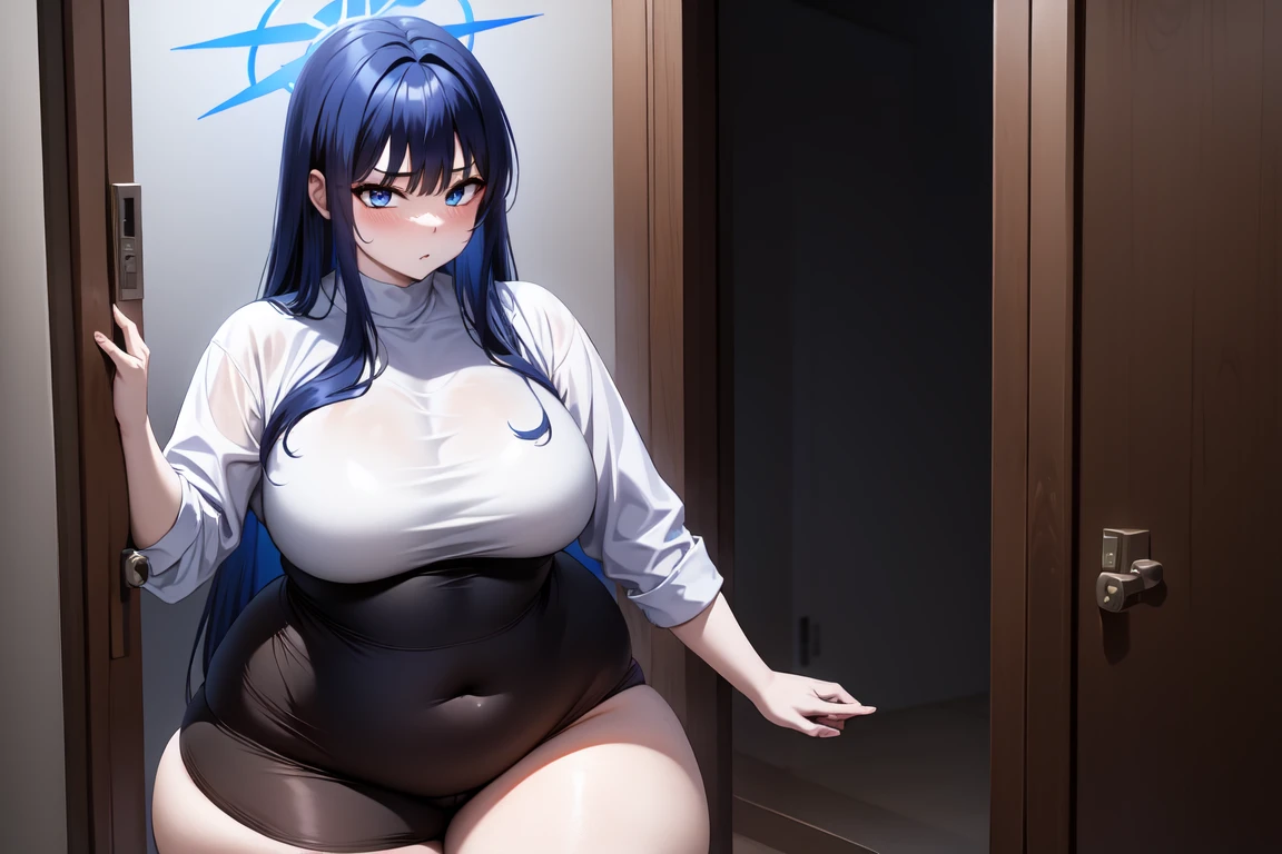 saori joumae, blue eyes, blue hair, halo, long hair, indoors, night, doorstuck, wide hips, thick thighs